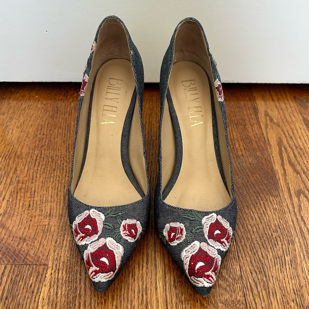 Billy Ella Briarwood Pumps Floral Embroidery Leather heel Denim upper